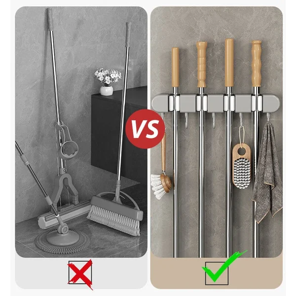 6 Slot & 6 Hook Wall Mounted Holder For Mop, Broom, Kitchen, Garden